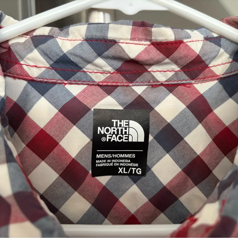 The North Face Red White Blue Checks Plaid Button Down SS Casual Shirt Size XL